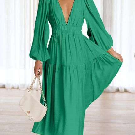 European and American Export 25-Year-Old Autumn and Winter V-Neck Waist Slimming Look Pleated Long-Sleeved Small Fresh Dress for Women 23051