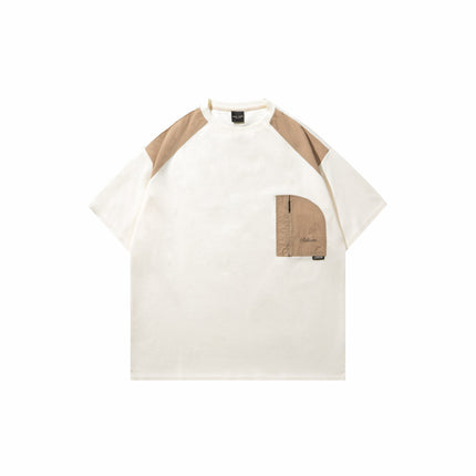 2025 Summer New Japanese Retro Casual Color-Blocking Patchwork Zipper Pocket Unisex Loose Versatile Short Sleeve