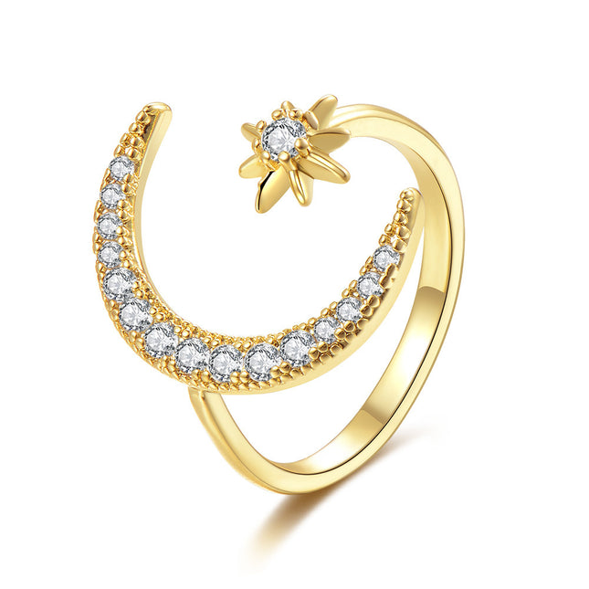 Korean and Japanese New Style High-End Cross-Border Favorite Micro-Inlaid Zircon Five-Pointed Star Moon Ring for Women, Elegant Open Ring Jewelry