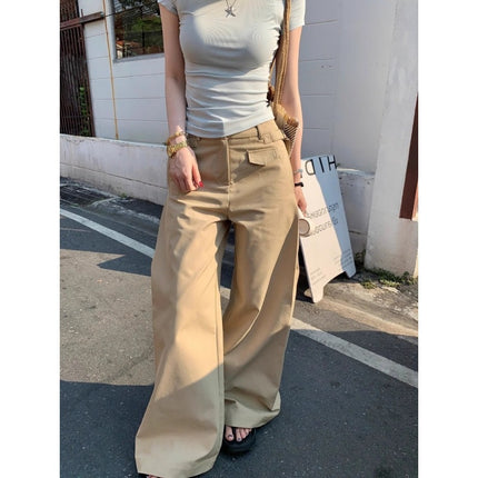 Vintage Khaki Casual Straight-Leg Pants for Women 2025 Summer New Drape High-Waisted Slimming Floor-Length Wide-Leg Pants