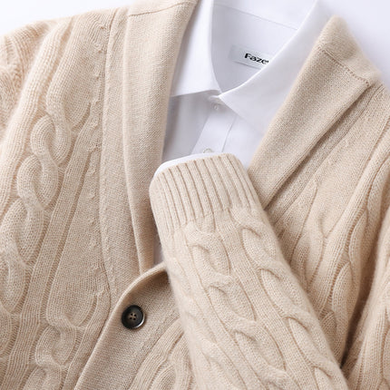 Thickened Autumn and Winter Retro Twisted Green Fruit Collar Cashmere Knitted Cardigan Men's Casual Sweater Loose Jacket Fashion