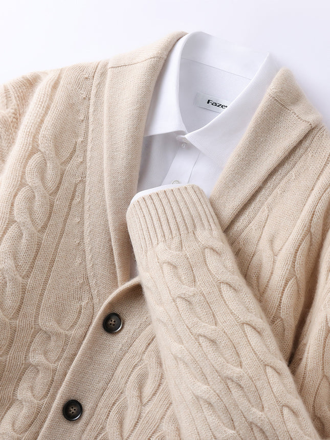 Thickened Autumn and Winter Retro Twisted Green Fruit Collar Cashmere Knitted Cardigan Men's Casual Sweater Loose Jacket Fashion