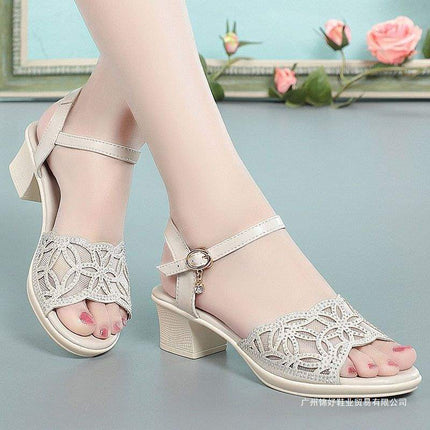 2025 New Women's Soft Sole Thick Heel Women's Shoes Medium Heel Women's Large Size Leather Sandals