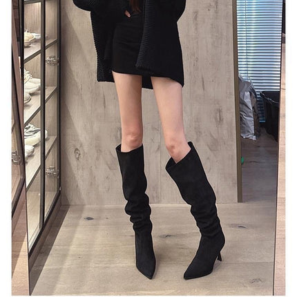 European and American Style Trendy Women's Retro Pointed Toe Stiletto High Heel Boots with Ruched Two-Way Wear Slouch Boots in Khaki Gray Long Boots