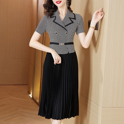 Miyake Pleated Dress 2026 Summer New Fashion Small Plaid Suit Collar Pleated Skirt Waist-Cinching Slimming Magic Dress