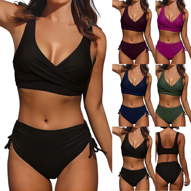 Swimsuit Split Bikini Pure Color Cross Strap Amazon Popular High Waist Swimsuit European and American Export Sexy Biki