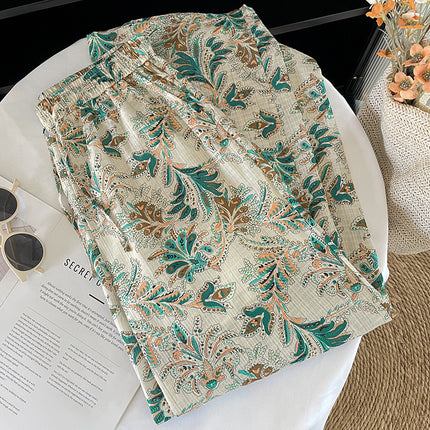 Real Shot Green Floral Wide Leg Pants Women's Summer 2025 New Seaside Vacation Cotton Linen Loose Lace-up Pants