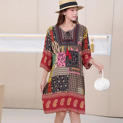 Extra Large Size Ethnic Style Round Neck Three-Quarter Sleeve Dress Loose Embroidered Flower Cotton Silk Travel Beach Skirt for Women