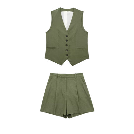 Cross-border Foreign Trade Women's Clothing European and American Style 2023 Summer New V-neck Design All-match Vest Vest Shorts Set