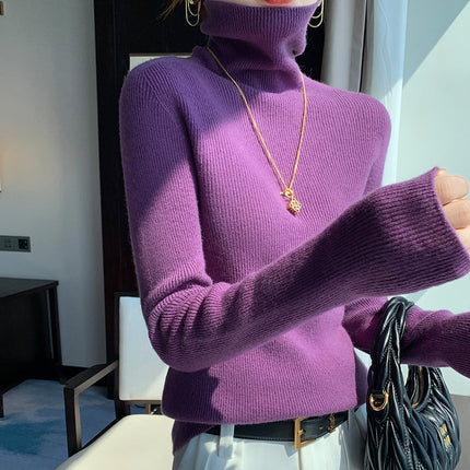 New Autumn and Winter Women's Base Sweater All-match Knit Sweater First-line Garment Piled Collar Solid Color Sweater Inner Riding