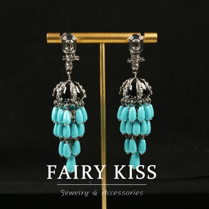 Vintage New Women's Turquoise Elegant Glass Light Luxury Necklace with Unique Niche Brooch Tassel Earrings Set