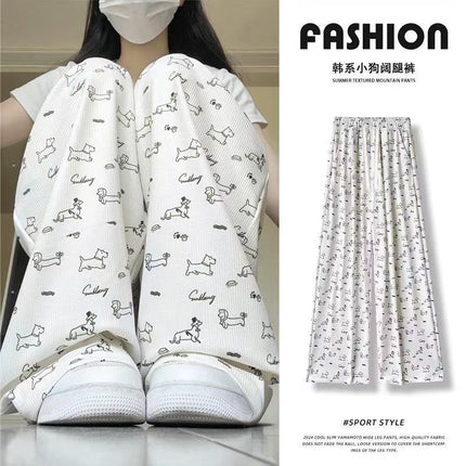 Apricot Puppy Print Ice Silk Wide-Leg Pants for Women Summer High-Waisted Casual Floor-Length Pants Lazy Style Straight Pants