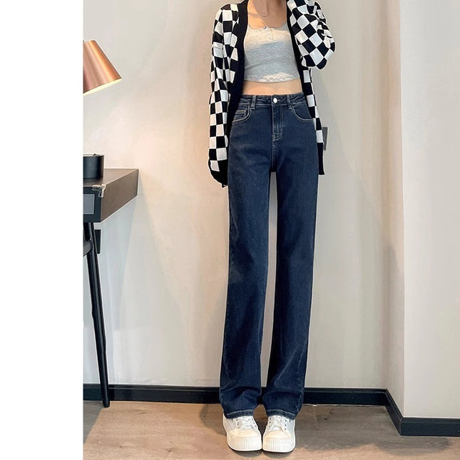 Blue Grey Straight Leg Jeans Women's Fashion All-match Loose High Waist Slimming Smoke Tube Design Sense Narrow Wide Leg Pants