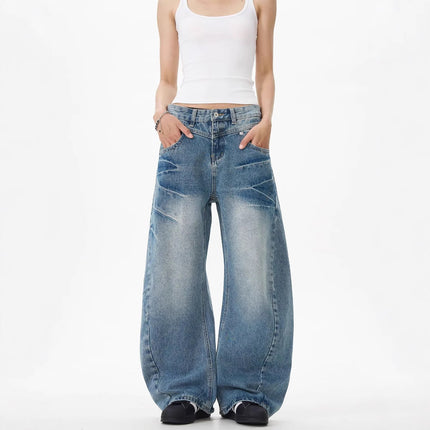 High Street Retro Scimitar Jeans for Women, Washed Lightning Pattern, Deconstructed Three-Dimensional Design, Loose Slimming Wide-Leg Pants