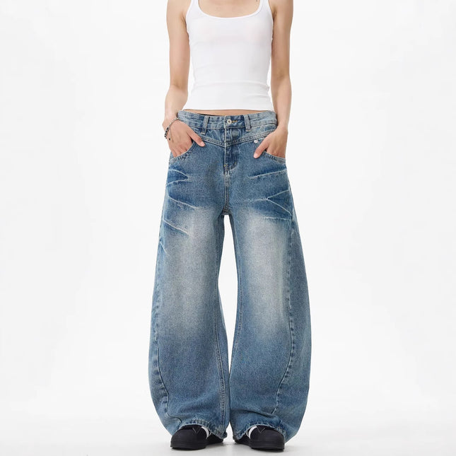 High Street Retro Scimitar Jeans for Women, Washed Lightning Pattern, Deconstructed Three-Dimensional Design, Loose Slimming Wide-Leg Pants