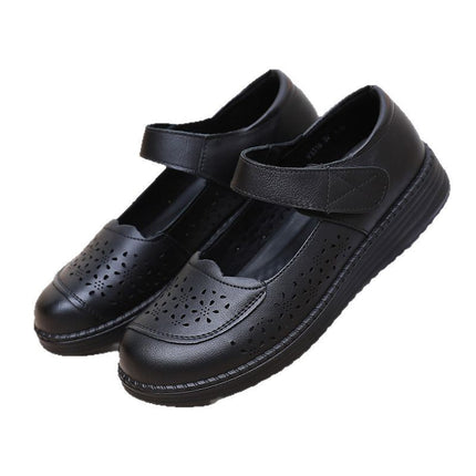 Genuine Leather Round Head Widened Women's Shoes Summer Flat Heeled Soft Bottom Mother Shoes Breathable Comfortable Hollow Hole Shoes Factory Outlet