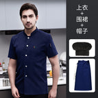 Lf-single row stretch cotton short-sleeved blue + blue waterproof apron + black mushroom hat / M