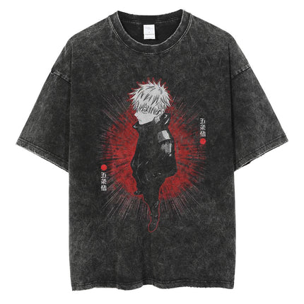Huge Anime Flat Print Couple T-Shirt Washed Black Streetwear