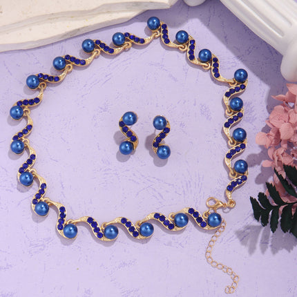 Factory Direct batch cross-border European and American Foreign trade new S-shaped alloy pearl necklace earrings Women's Light luxury niche clavicle chain