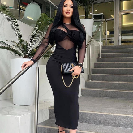European and American women's wear cross-border foreign trade manufacturers 2022 new round neck mesh stitching long sleeve mid-length tight dress