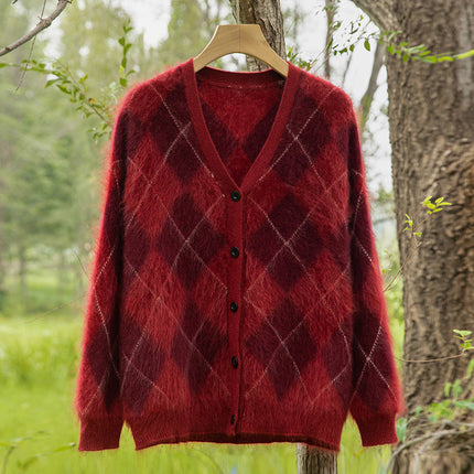 Royal Brushed Diamond Plaid 100 Pure Cashmere Brushed Cardigan V Neck Knitted Jacket Sweater 2025 Autumn and Winter