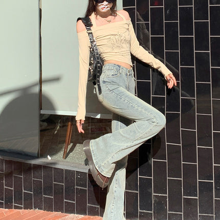 Washed Nostalgic American Style Micro-horn Trendy Brand Jeans Spring Autumn and Summer New High Waist Slimming Stretch Horseshoe Pants
