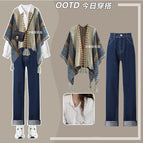 Blue beige shawl + blue jeans two-piece set / M [recommended 40-50kg ]