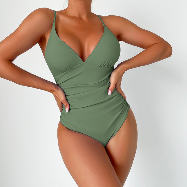 New European and American Solid Color Tight One-Piece Swimsuit Quick-Drying Resort Hot Spring Swimsuit Women's Swimsuit High-End Swimsuit