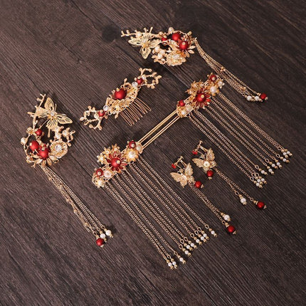 Chinese style hanfu bridal hair accessories suit tassel dragon and phoenix gown ancient style hair accessories wedding Red ancient costume Xiuhe headdress