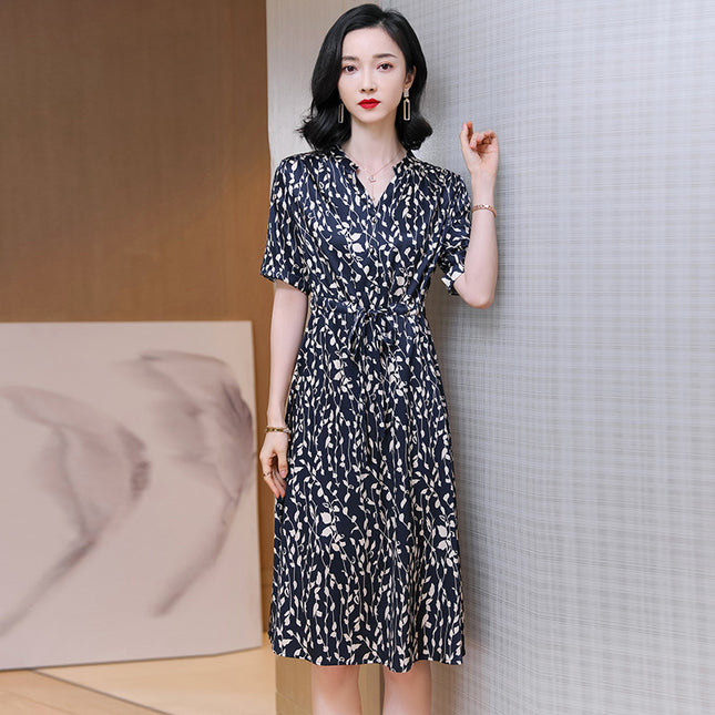 Summer New Style French Silk Dress Tea Break Dress Mid-Length V-Neck Slimming Mulberry Silk Dress