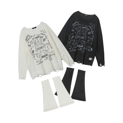 HeyHnery Set Autumn Thin Loose ins Ripped Sexy American Style Leg Set Sweater Top for Hot Girls