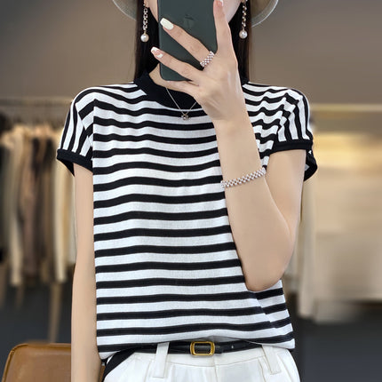 ShorT-sleeved T-shirT for Women 24 Summer New Round Neck Ice Silk Thin BreaThable ImiTaTion Sun Slimming Look BoTToming KniTwear T-shirT Half-sleeved