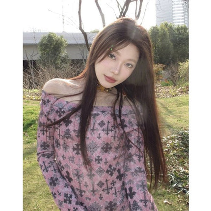 American Hot Girl Cross Print One-Shoulder Top Spring & Fall Design Versatile Slim Chic Slim T-Shirt for Women