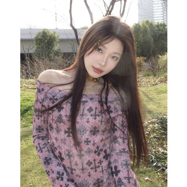 American Hot Girl Cross Print One-Shoulder Top Spring & Fall Design Versatile Slim Chic Slim T-Shirt for Women