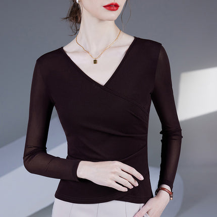 2025 Spring and Autumn New Cross V-Neck Mesh Bottoming Shirt Thin Long-Sleeved Top Women's Waist Covering Belly Fashionable Small