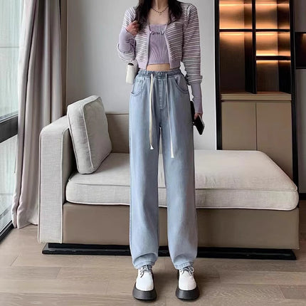 Plus Size Elastic Waist Wide Leg Jeans for Women, Trendy and Versatile High Waist Drawstring Design, Loose and Slim Straight Pants