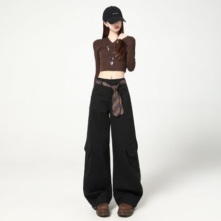 Army Green Silhouette Scimitar Workwear Casual Pants for Women, New Autumn American High Street Loose Drape Wide-Leg Floor-Length Pants