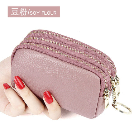 European and American First-Layer Cowhide Simple and Fashionable Mini Clutch Bag Three-Zip Coin Bag Key Coin Purse Genuine Leather