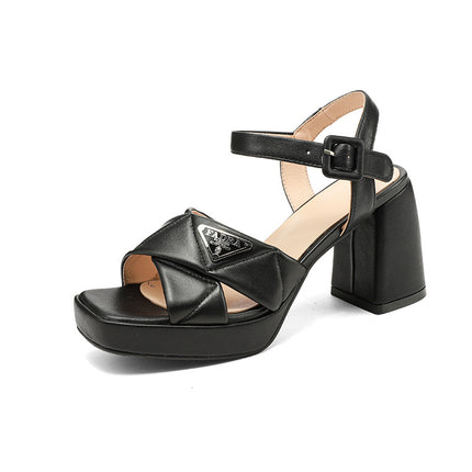 Casual Fashion Sandals Thick Sole 2025 Summer Square Toe Cross Strap Buckle Thick High Heel Cowhide Metal Women's Shoes