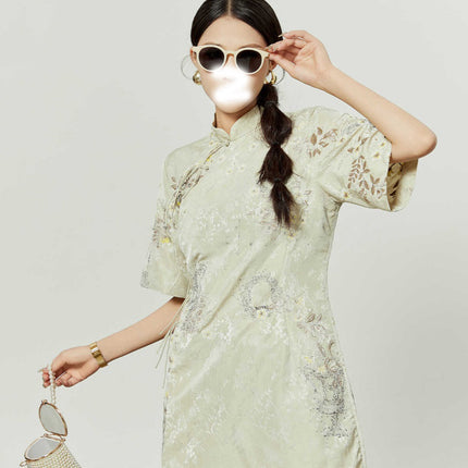 New Product, New Chinese Style, Improved Cheongsam for Women, High-End, Sweet and Cute Jacquard Improved Slit Short Dress