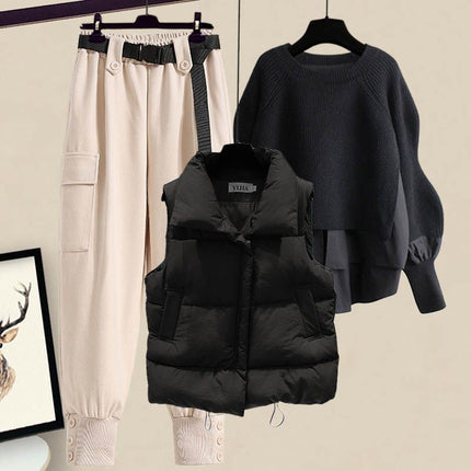 plus size women's autumn and winter suit women's 2024 new style cotton vest top women's slim work pants three-piece set