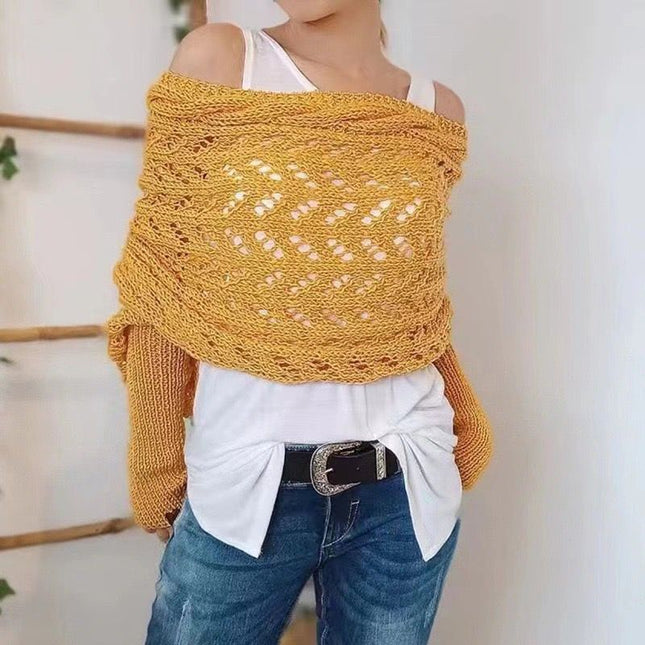 Amazon's Autumn and Winter Style Meilun Shawl Knitwear with a High-End Feel, Hollow-Out Design, Extended Double Sleeves, Versatile for Women, Suitable for European and American Street Style