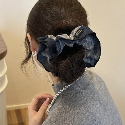 High-end sense exquisite retro navy blue wide-brimmed French stripe pleated low ponytail ball hair accessories women's new hair rope