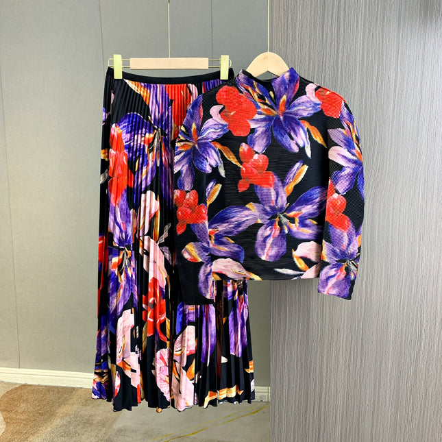 Folded Stylish Printed Top Two-Piece Autumn New High-End Fashionable Elegant Commuter Stretch T-Shirt Women's Clothing