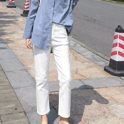 Korean Style High-Waisted Straight Jeans for Women in Spring and Summer New Trendy Brand Loose White Versatile Slimming Look Cigarette Pipe Nine-Point Pants