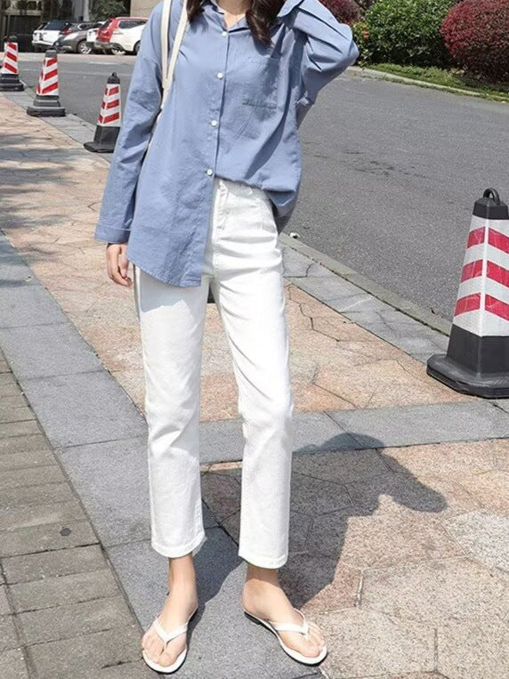 Korean Style High-Waisted Straight Jeans for Women in Spring and Summer New Trendy Brand Loose White Versatile Slimming Look Cigarette Pipe Nine-Point Pants