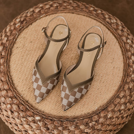 Baotou Women's Sandals, Summer Slippers for Outdoor Wear, Pointed Toe, Genuine Soft Leather, Shallow Mouth, Chunky Heel, Single Strap, Flat Shoes