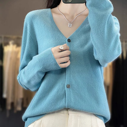 V-Neck Wool Knitwear for Women, Ready-Made Thin Autumn and Winter Work Clothing Slimming Look Elegant with 100% Wool Cardigan