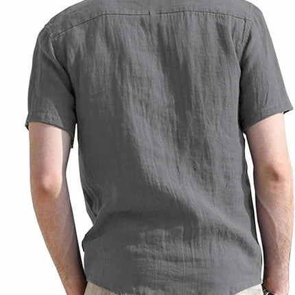 Foreign Trade Cross-Border Men's Henry Collar Solid Color Pocket Short-Sleeved Shirt Amazon European and American Men's Cotton and Linen Shirts