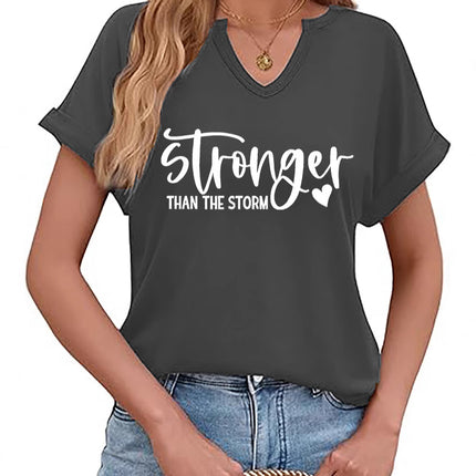 Amazon Cross-Border Spring and Summer New Product V-Neck Rolled Sleeves Stronger Than the Storm Letter Print
